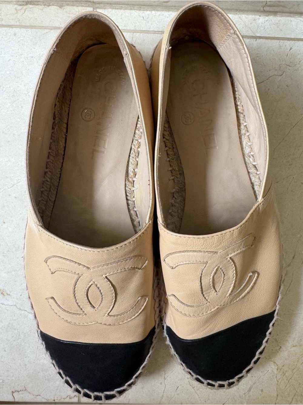 CHANEL Beige and Black Leather Espadrille Flats